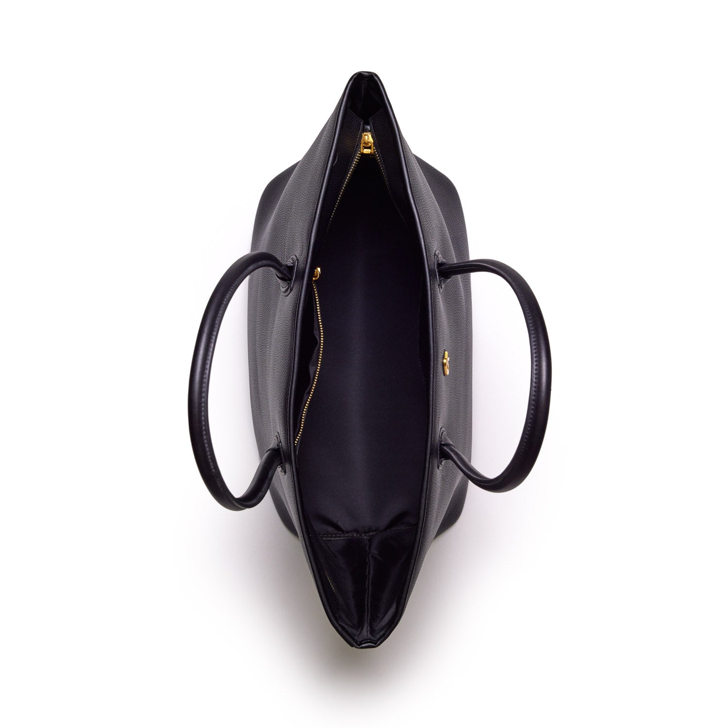 Black pebble tote bag with dual handles, gold zipper closure, and spacious interior on a white background.