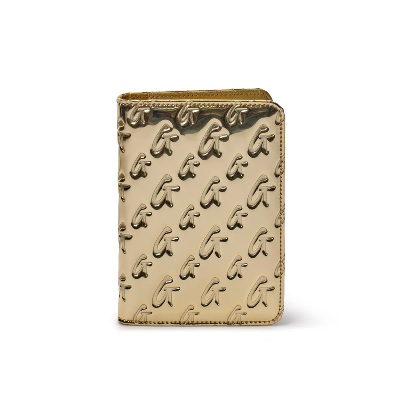 Metallic gold passport holder featuring a monogram design, perfect for stylish travel and organization.