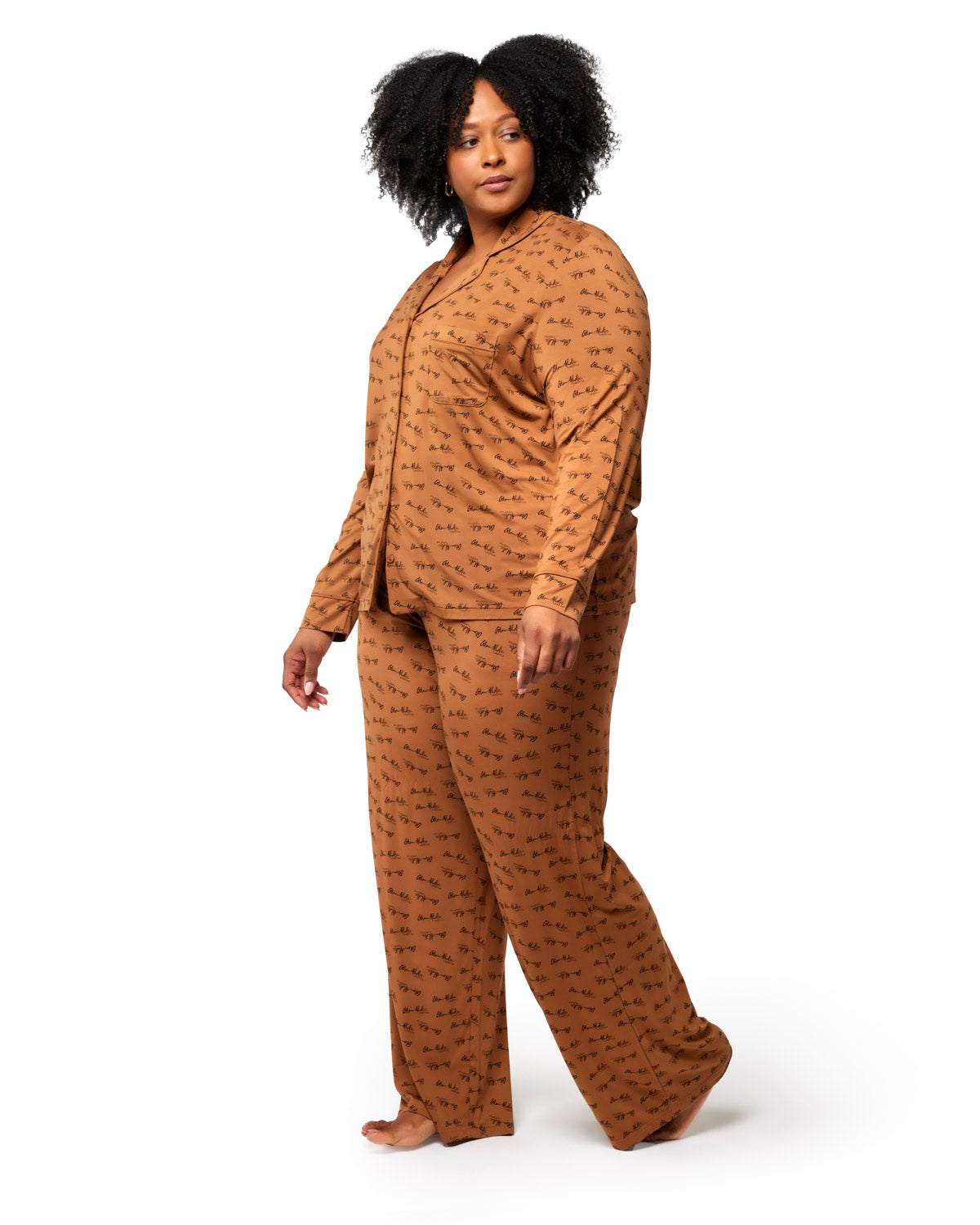 Brown signature pajamas featuring a stylish print, designed for comfort and a relaxed fit for women.