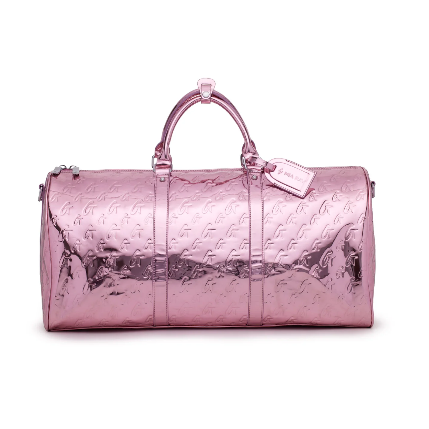 Metallic pink duffle bag featuring a monogram design and dual handles for stylish travel and storage.
