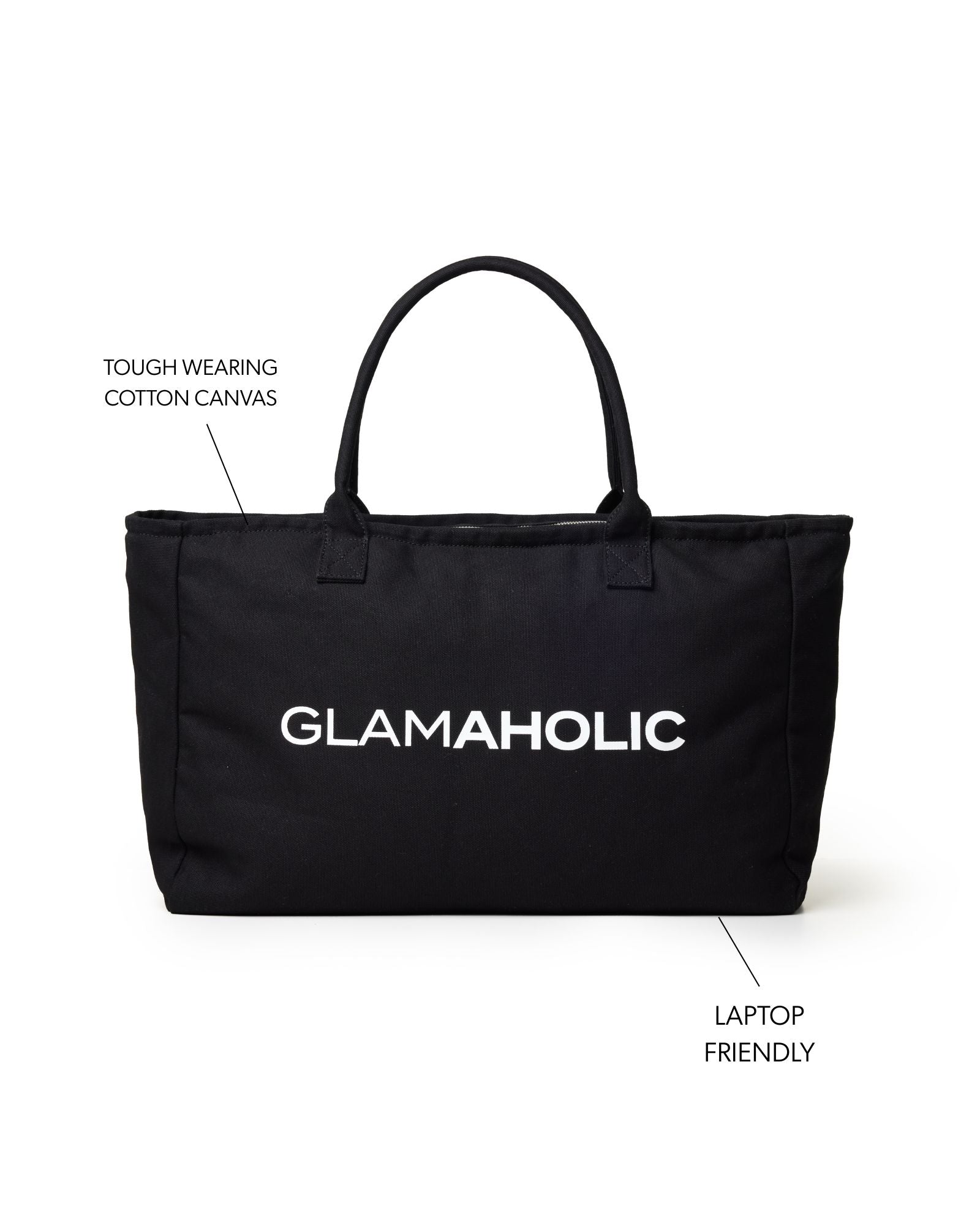 Black athletic canvas tote with sturdy handles, featuring the Glam-Aholic logo and a spacious, laptop-friendly design.