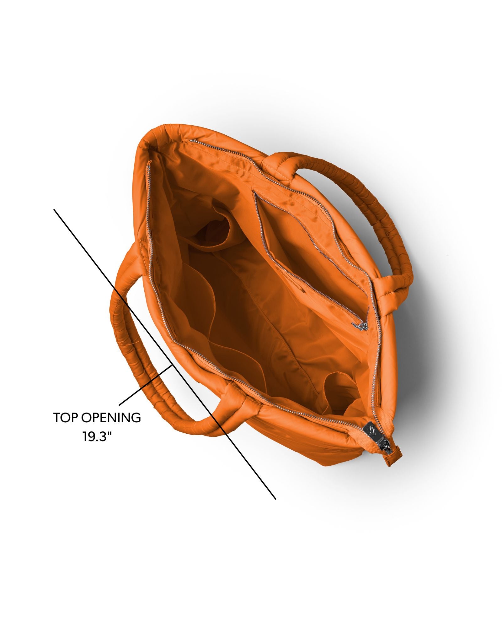 Brown athletic nylon tote with spacious interior, featuring multiple pockets and a 19.3-inch top opening for easy access.