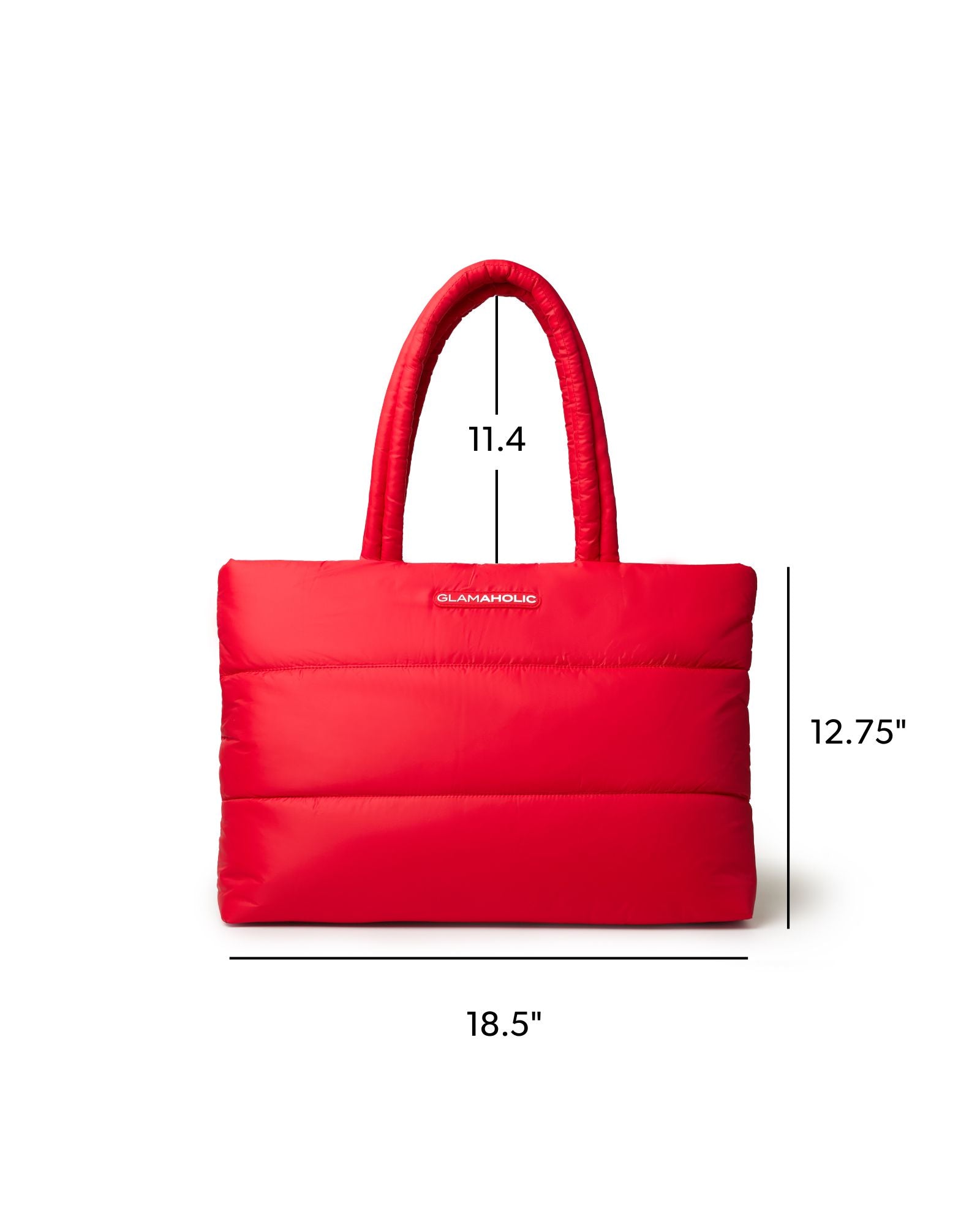Red athletic nylon tote bag with padded design, featuring sturdy handles and dimensions of 18.5 x 11.4 x 12.75 inches.
