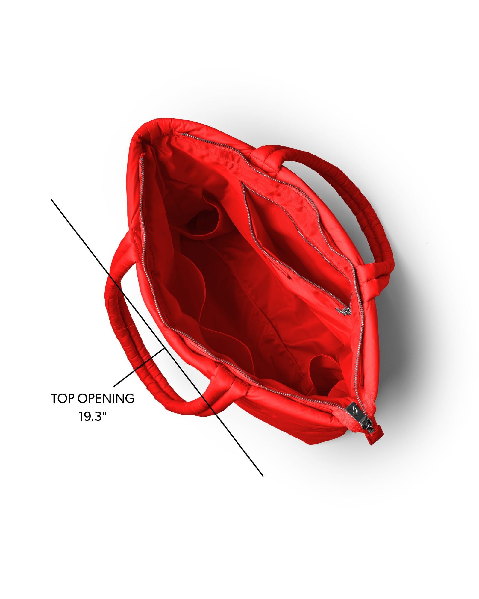 Red athletic nylon tote with a spacious interior and top opening, featuring multiple pockets for organization.