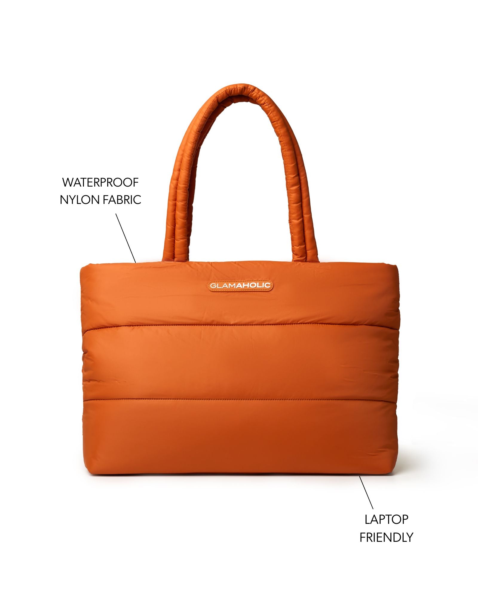 Brown athletic nylon tote bag with waterproof fabric, padded design, and laptop-friendly features. Ideal for stylish convenience.