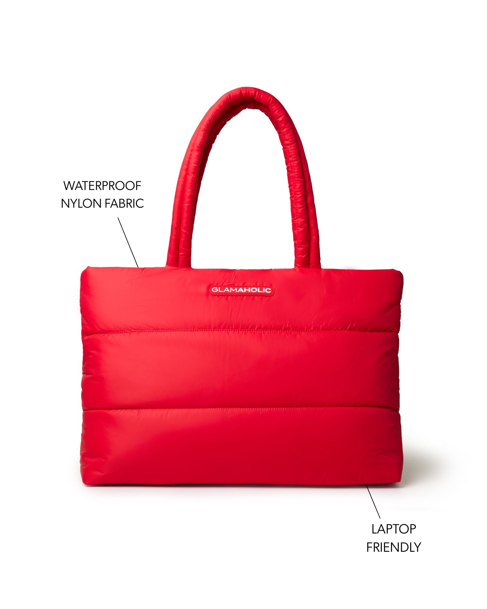 Red athletic nylon tote bag with waterproof fabric and laptop-friendly design, perfect for stylish on-the-go use.