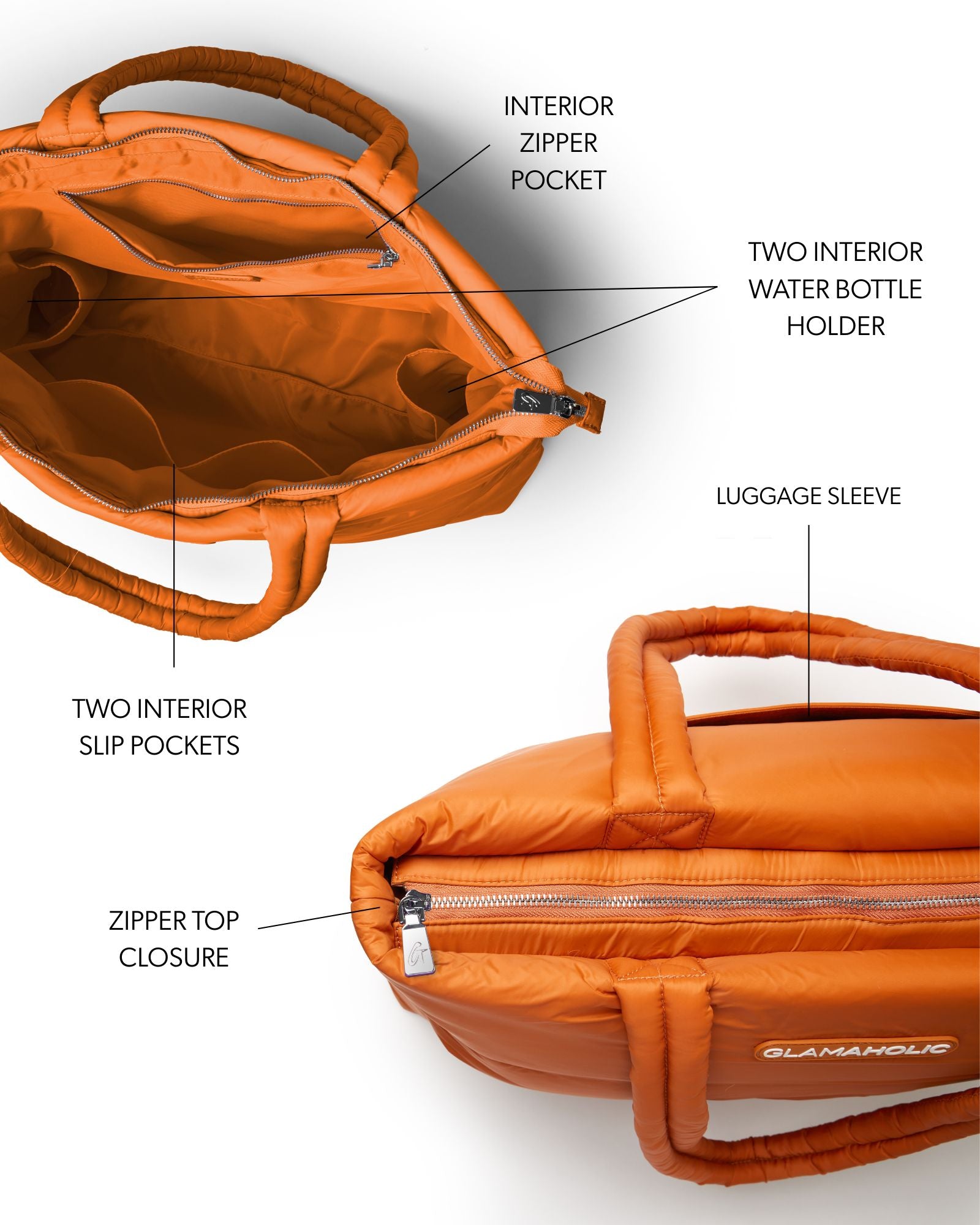 Brown athletic nylon tote with interior zipper pocket, slip pockets, water bottle holders, and luggage sleeve.