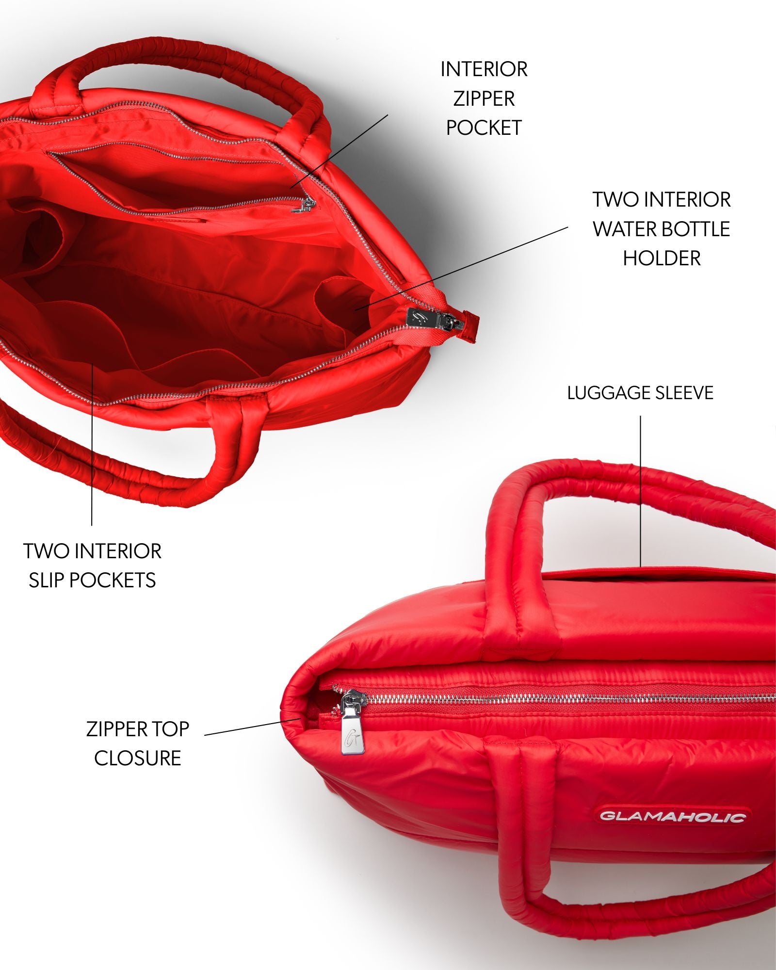 Red athletic nylon tote featuring a zipper top closure, interior pockets, and water bottle holders for convenience.
