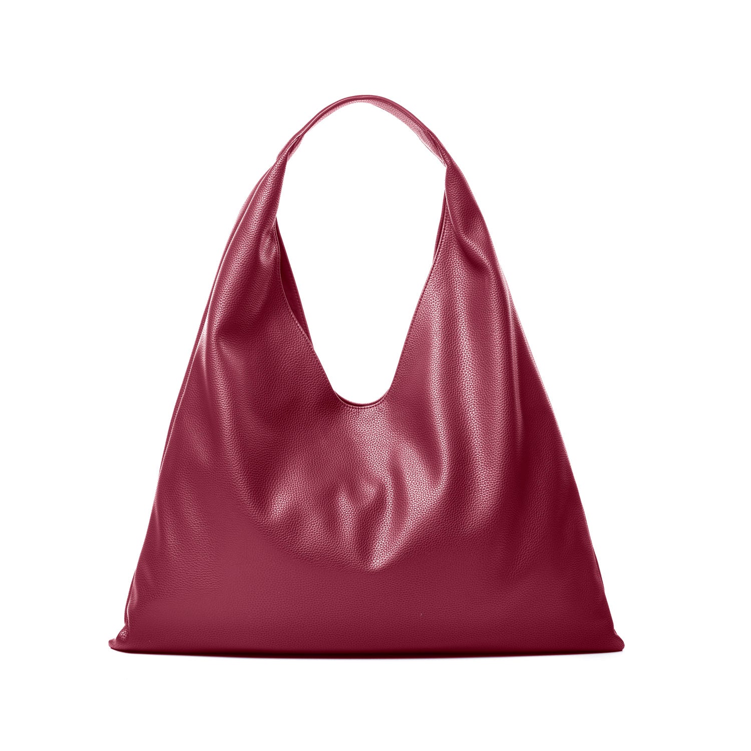 Burgundy pebble hobo shoulder bag with a slouchy design and deep cutout for easy access and stylish carry.
