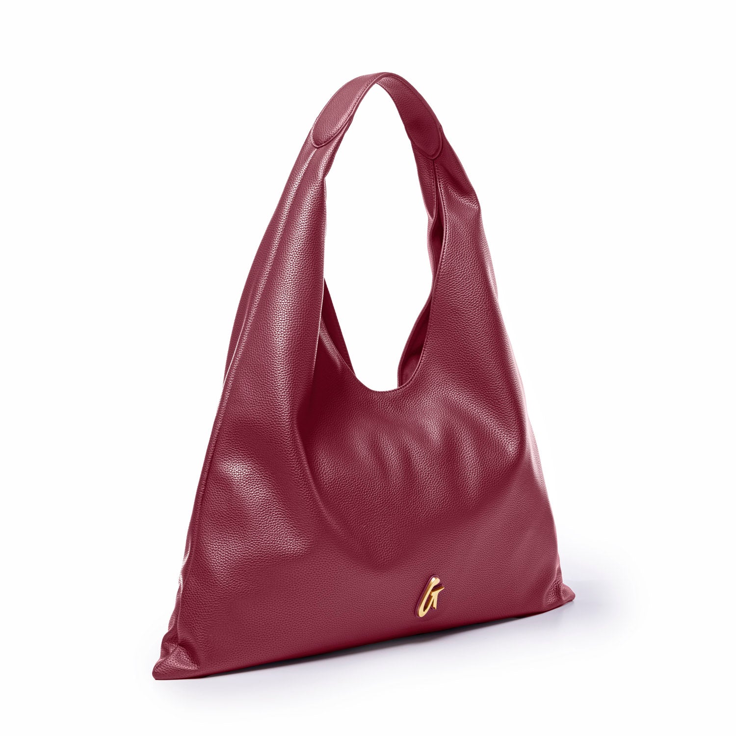 Burgundy pebble hobo shoulder bag with a slouchy design and a gold accent, perfect for stylish everyday use.