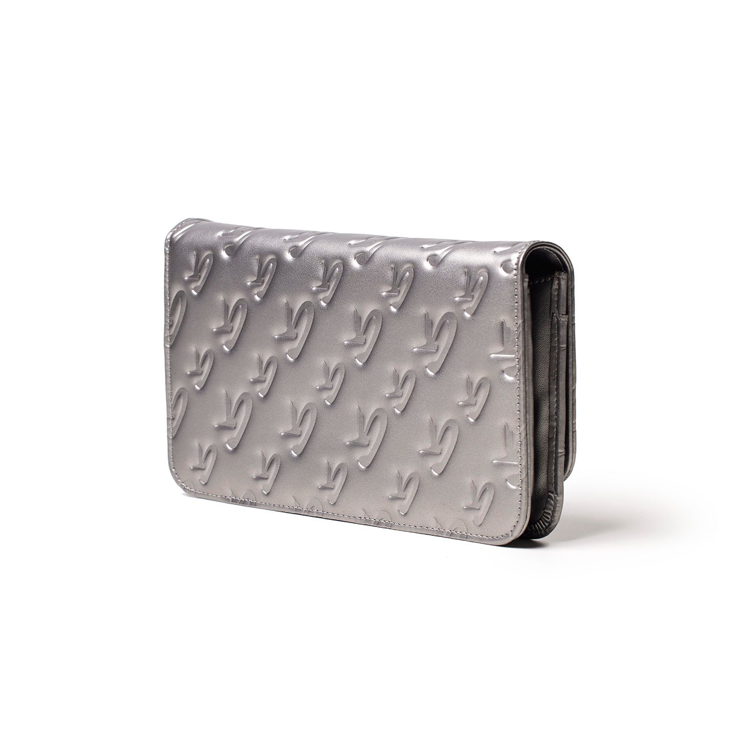 Monogram Gunmetal WOC clutch in gunmetal gray with embossed logo pattern, featuring a sleek, modern design and platinum finish.