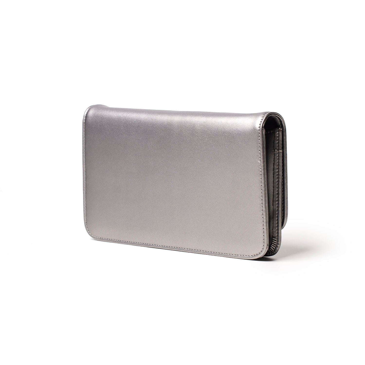 Silver gunmetal WOC clutch bag with a sleek, metallic finish and minimalist design, ideal for stylish occasions.