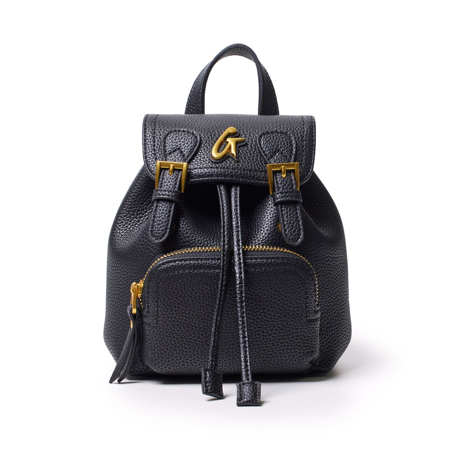 Black mini pebble crossbody backpack with gold hardware, front zipper pocket, and adjustable straps.