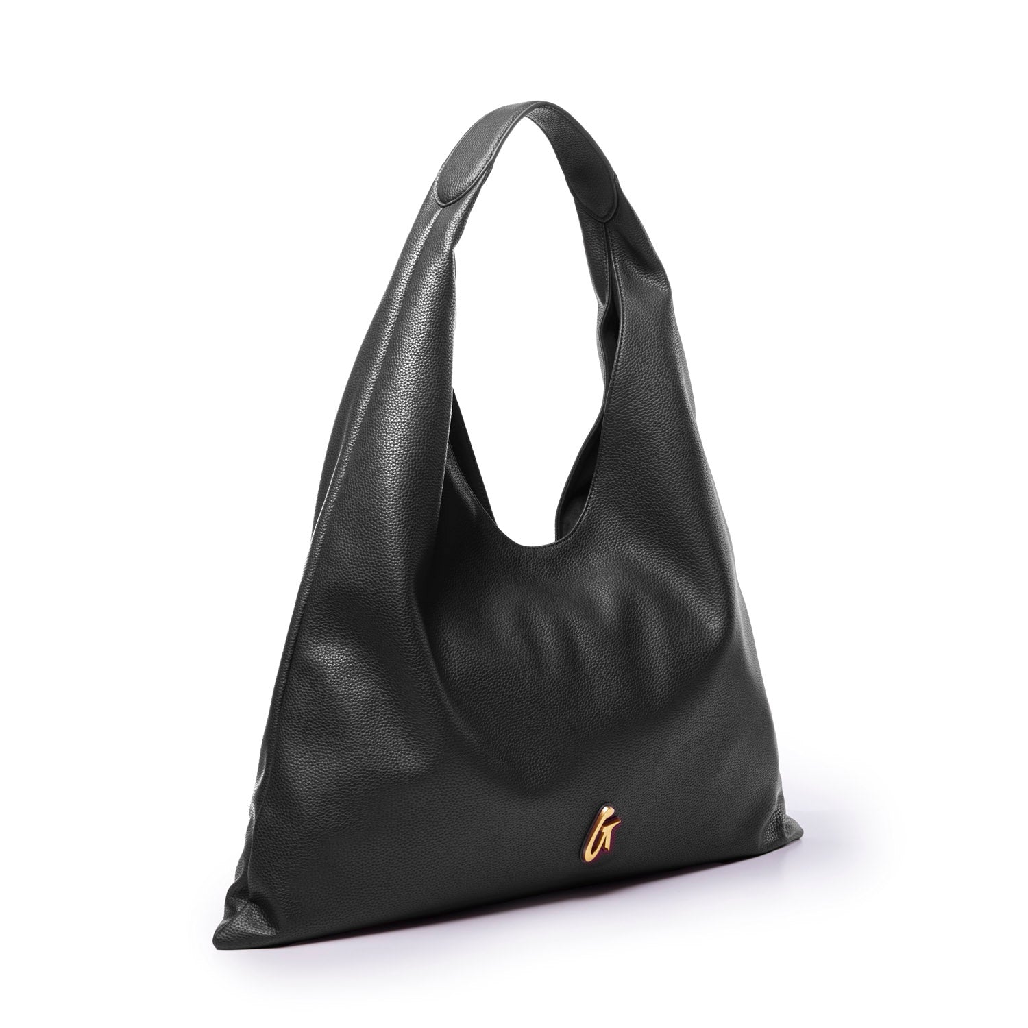 Black pebble hobo shoulder bag with a slouchy design and a stylish logo accent, perfect for everyday use.