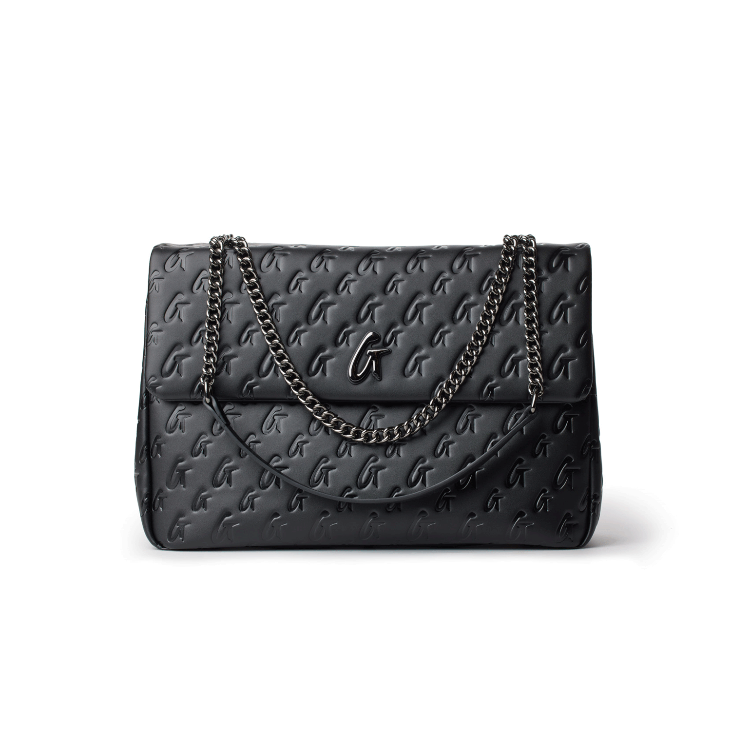 Large black monogram flap bag with embossed logo pattern and chain strap.