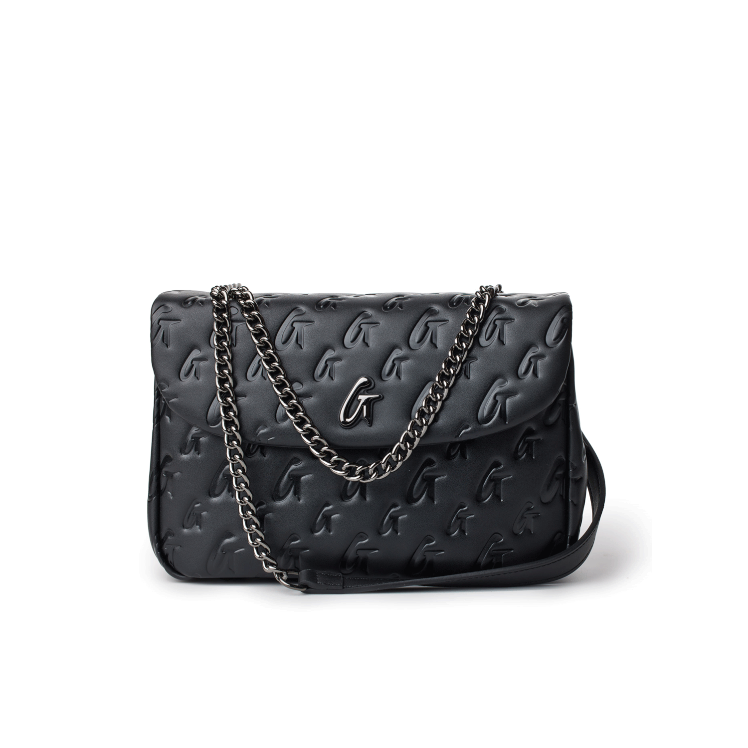 Black medium monogram flap bag with embossed logo pattern and a silver chain strap.