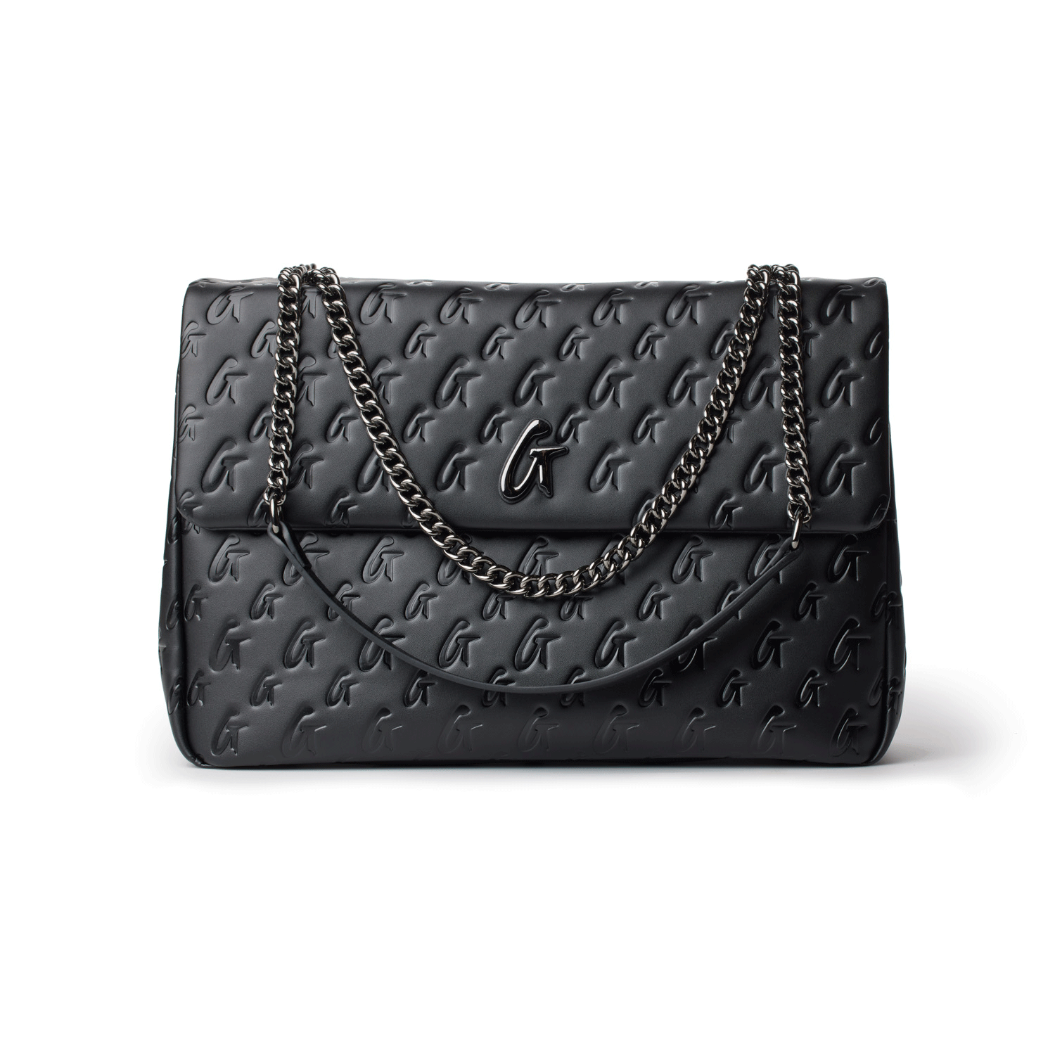 Black XL Monogram Flap Bag with embossed logo pattern and chain shoulder strap.