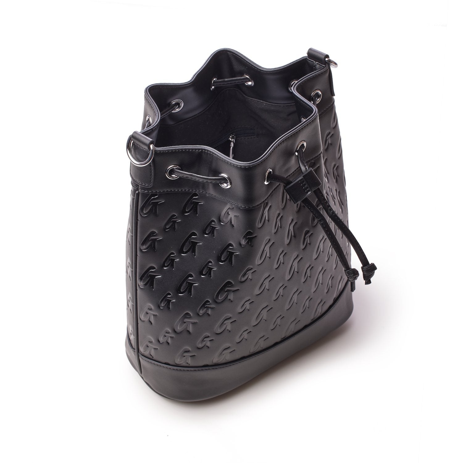 Large black monogram bucket bag with embossed logo pattern, drawstring closure, and metal eyelet accents.