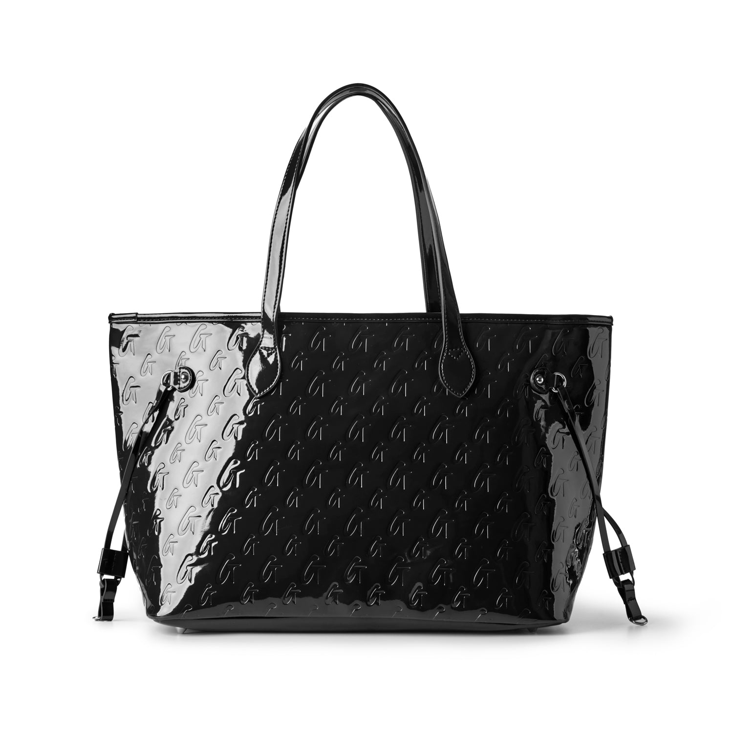Sleek black monogram tote bag with a glossy finish, featuring dual handles and adjustable straps for versatile styling.