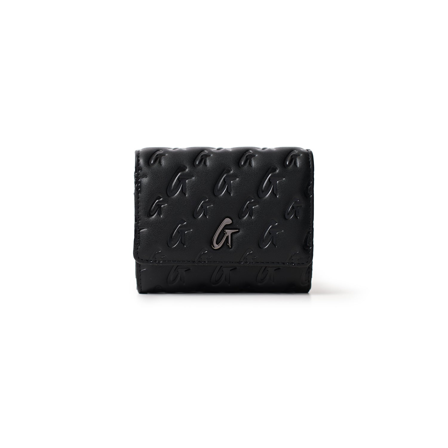 Black Monogram Gunmetal Compact Wallet with embossed G pattern and metal logo detail on the front.