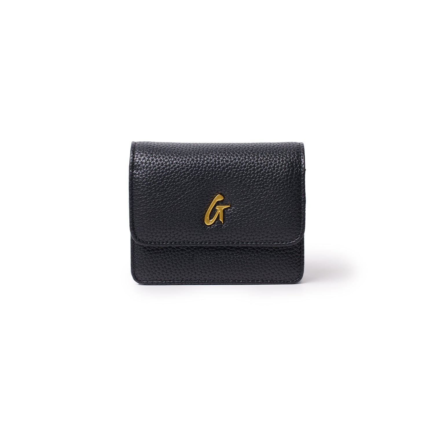 Black mini pebble leather wallet with a gold "G" logo on the front, compact and textured for everyday use.