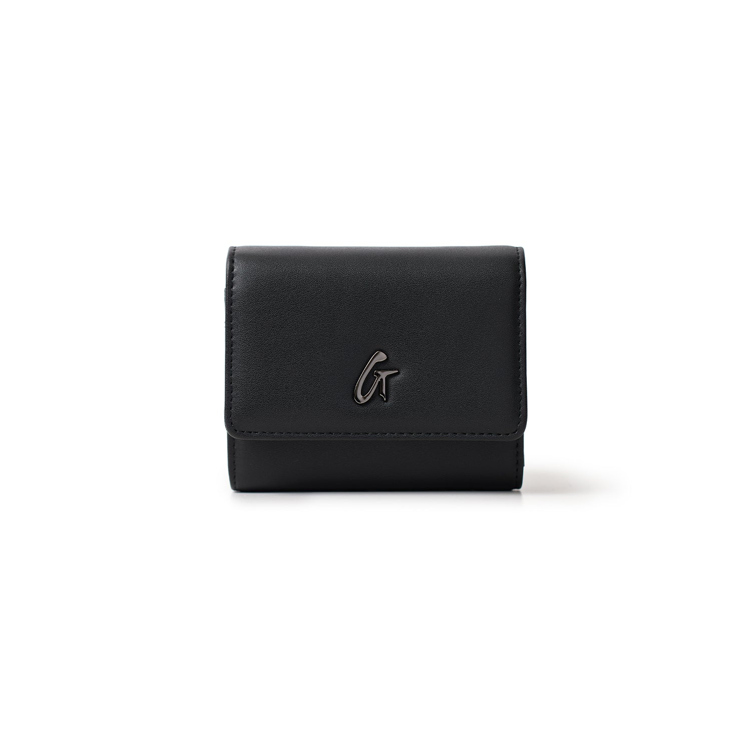 Black gunmetal compact wallet with a sleek "G" logo on the front, designed for minimalists and everyday use.
