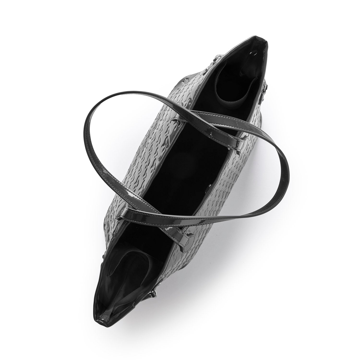 Stylish monogram glam tote in mirror black with a spacious interior and detachable wristlet for versatile use.