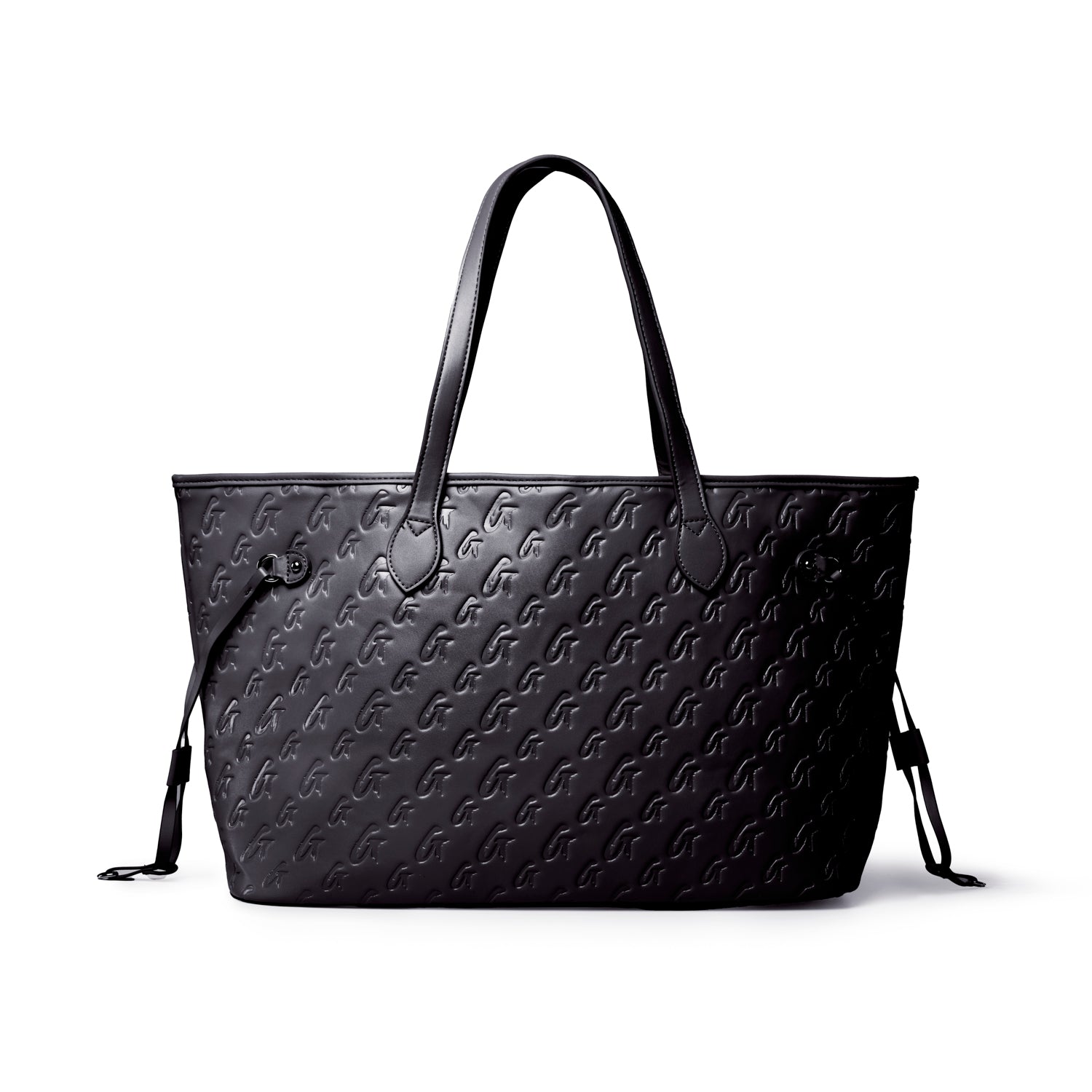 Stylish black tote bag with pink monogram pattern, featuring sturdy handles and a spacious interior for everyday use.
