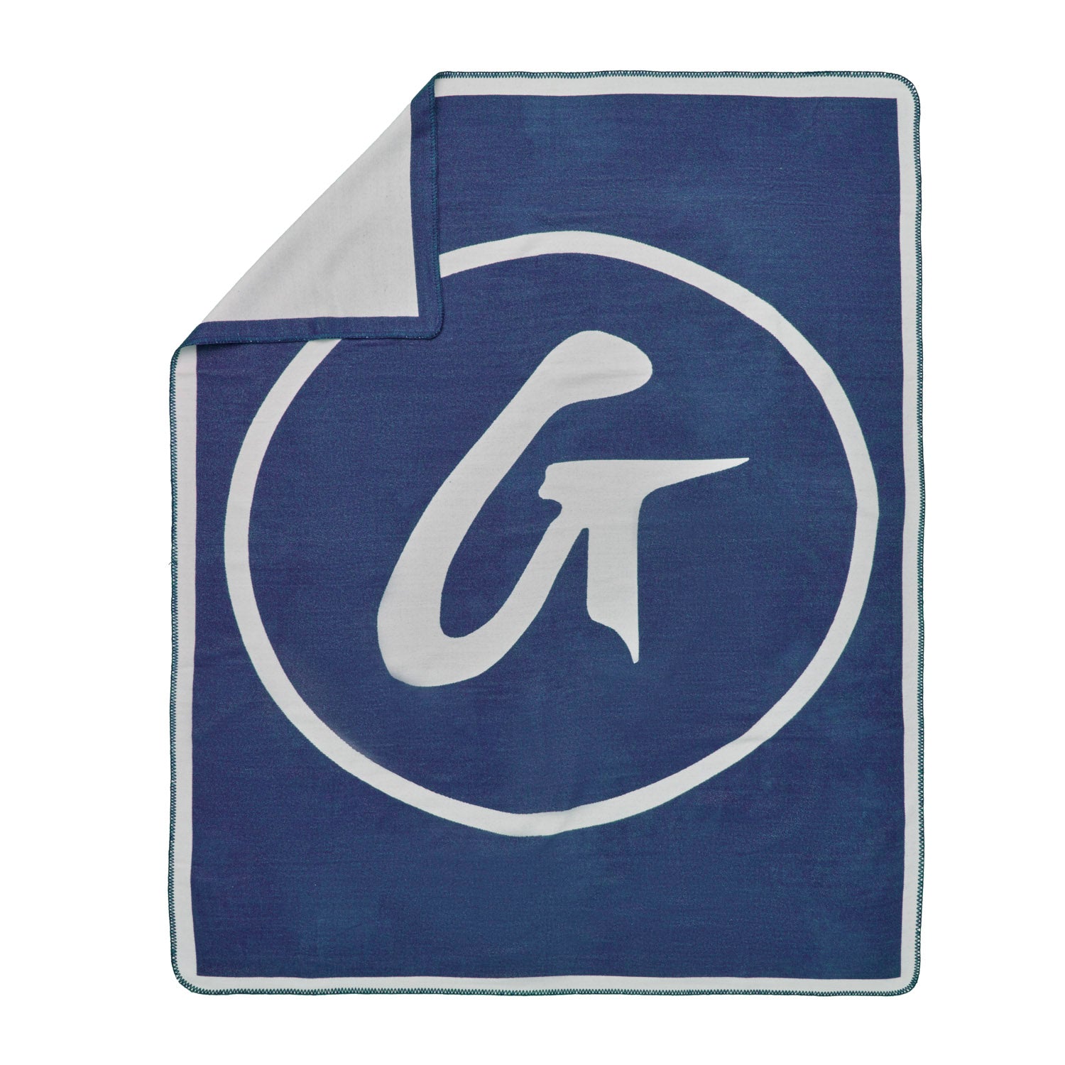 Navy classic throw blanket featuring a large white logo in the center, perfect for cozying up in style.