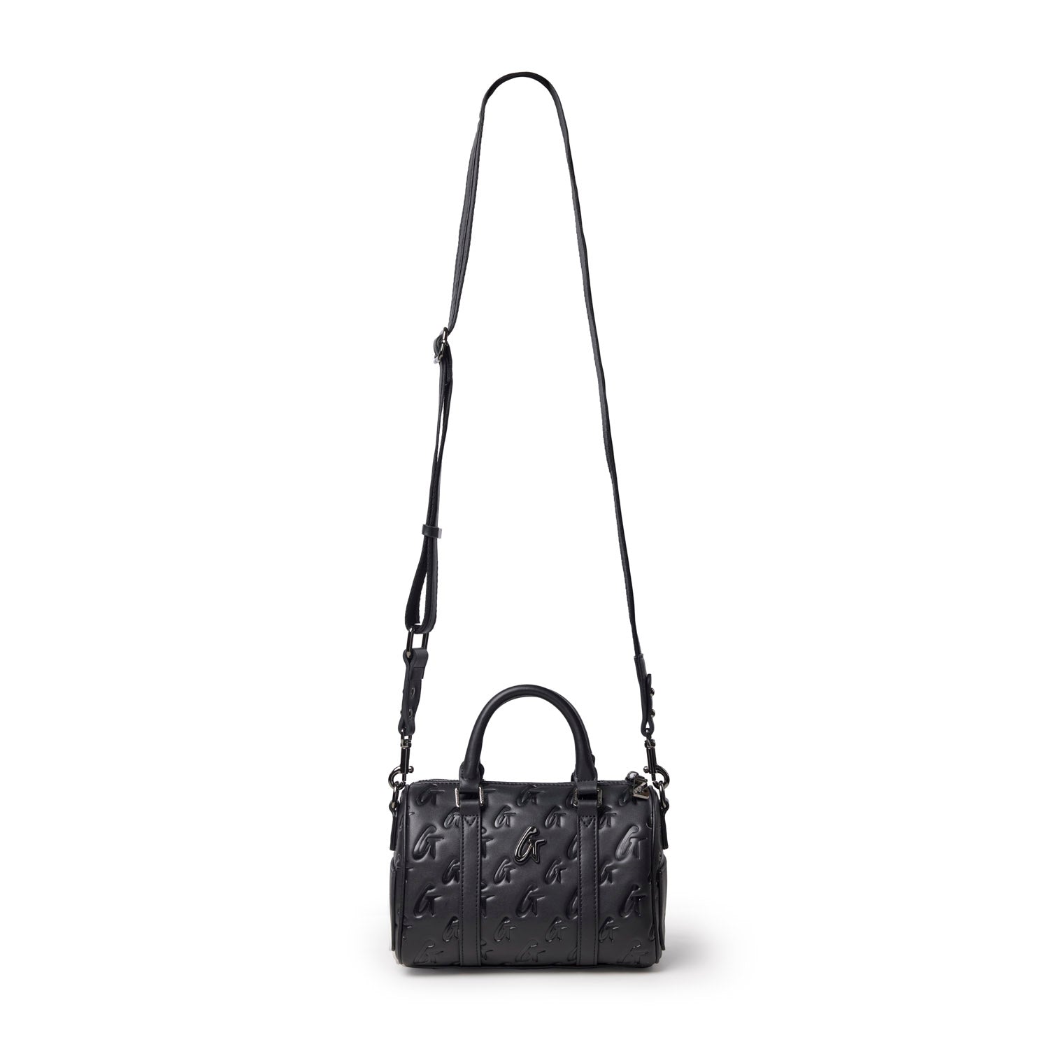 Black mini monogram gal Boston bag with dual handles and adjustable shoulder strap, perfect for stylish, everyday use.