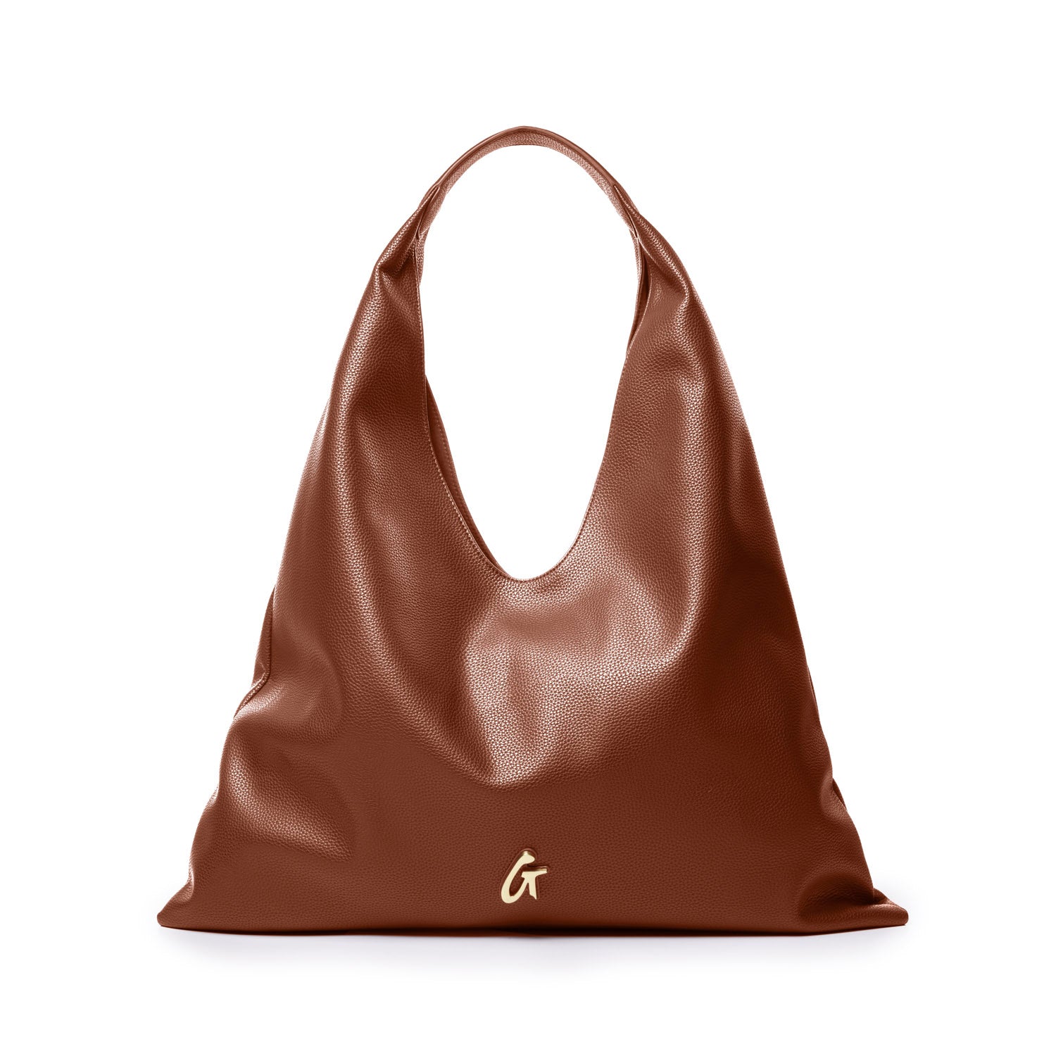 Brown pebble hobo shoulder bag featuring a slouchy design and a signature logo, perfect for stylish everyday use.