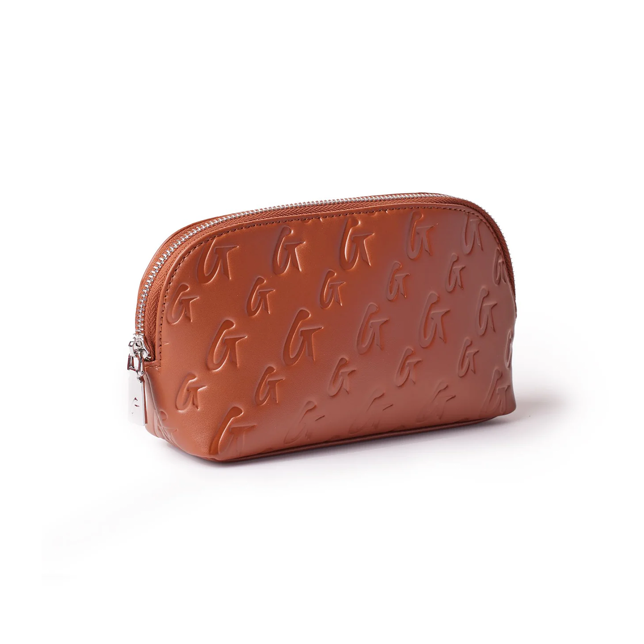 Brown monogram cosmetic pouch featuring a sleek design and embossed logo, perfect for organizing beauty essentials.