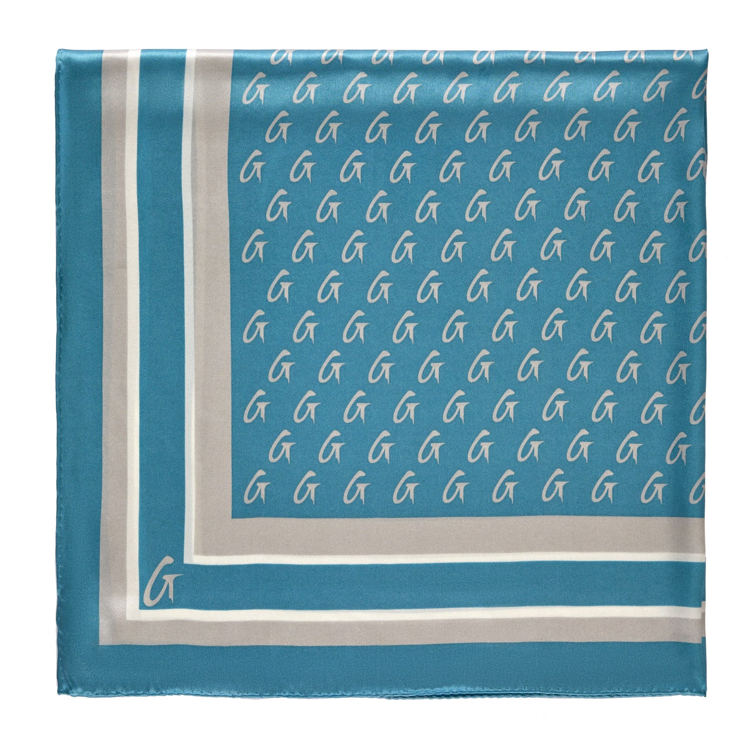Large blue and silver silk scarf with a monogram pattern featuring white "G" logos and a bordered design.