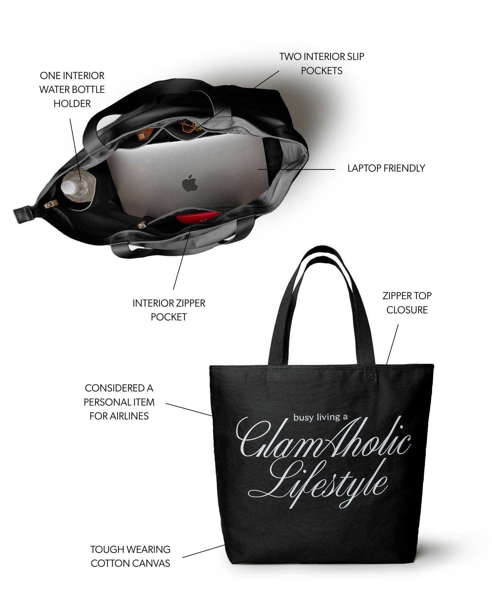 Black canvas tote bag featuring a laptop pocket, water bottle holder, and zipper closure, ideal for busy lifestyles.
