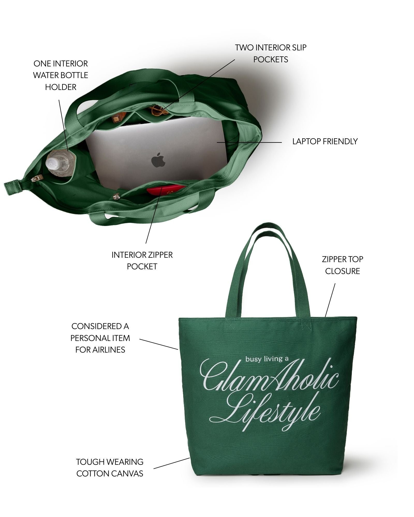 Green canvas tote bag featuring a zipper top closure, interior pockets, and a water bottle holder, ideal for busy lifestyles.