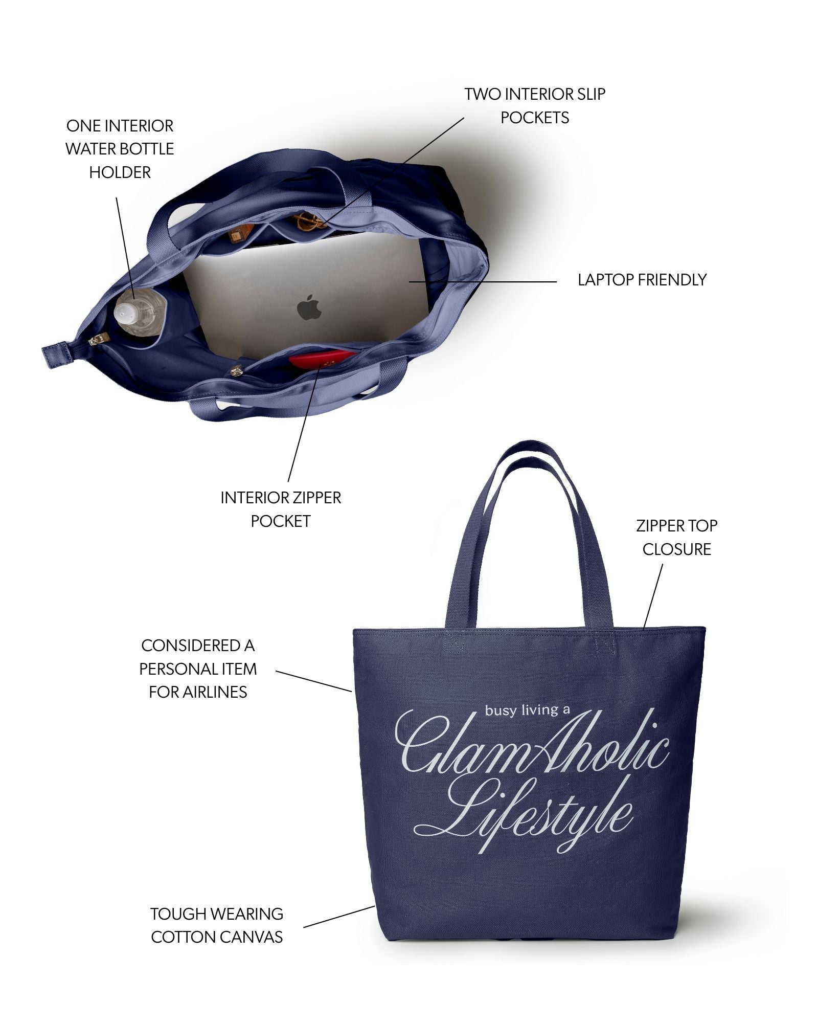 Navy canvas tote bag with laptop compartment, interior pockets, and zipper closure for stylish, everyday use.