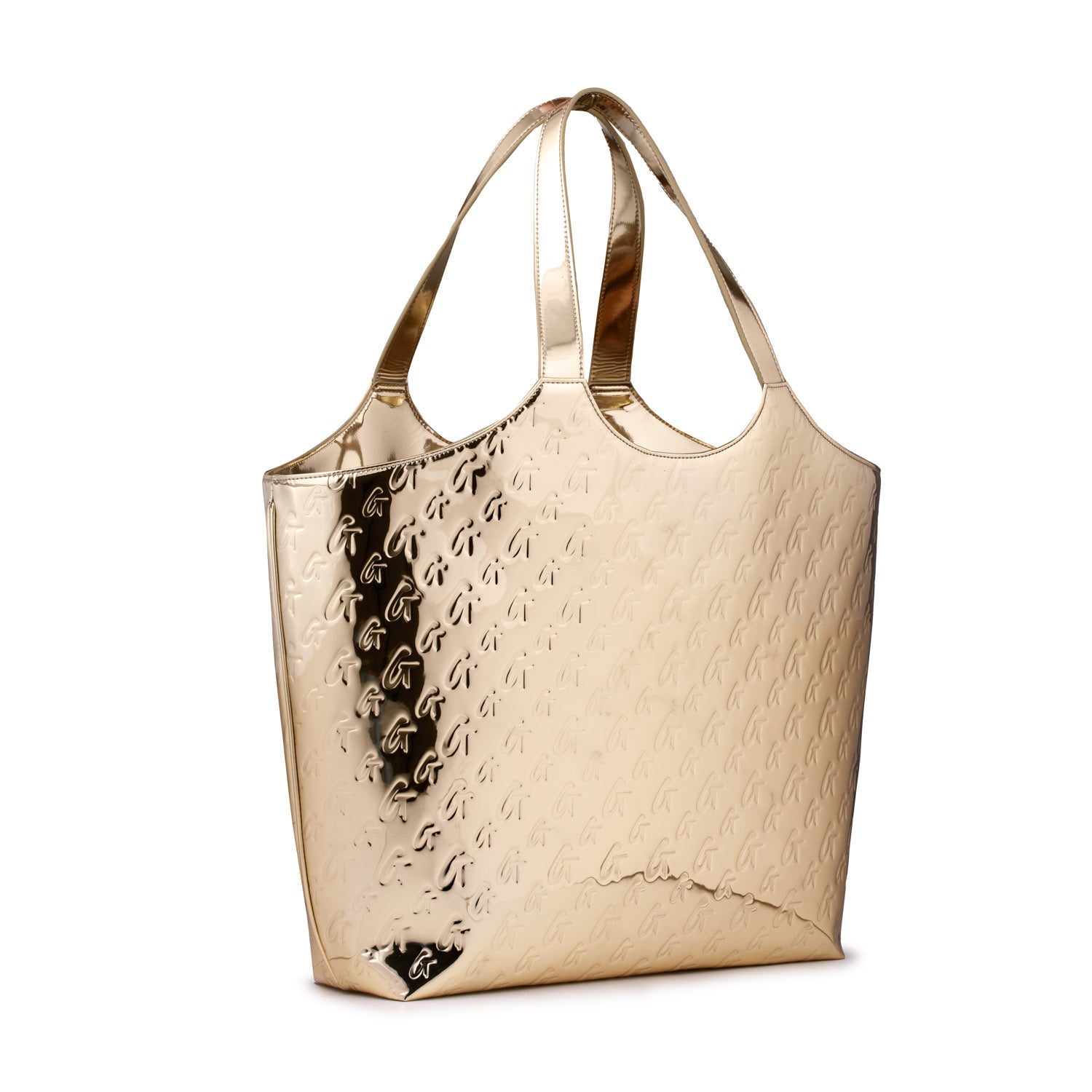 Gold metallic tote bag with embossed monogram pattern, large size, and dual shoulder straps.