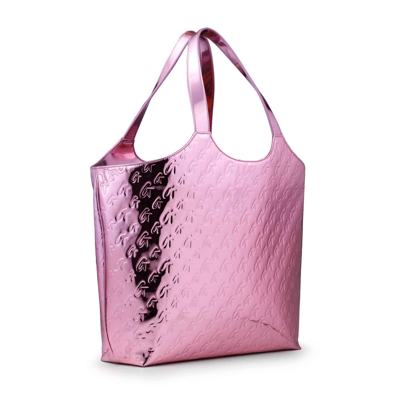 Metallic pink tote bag with embossed monogram pattern and shiny, reflective finish.