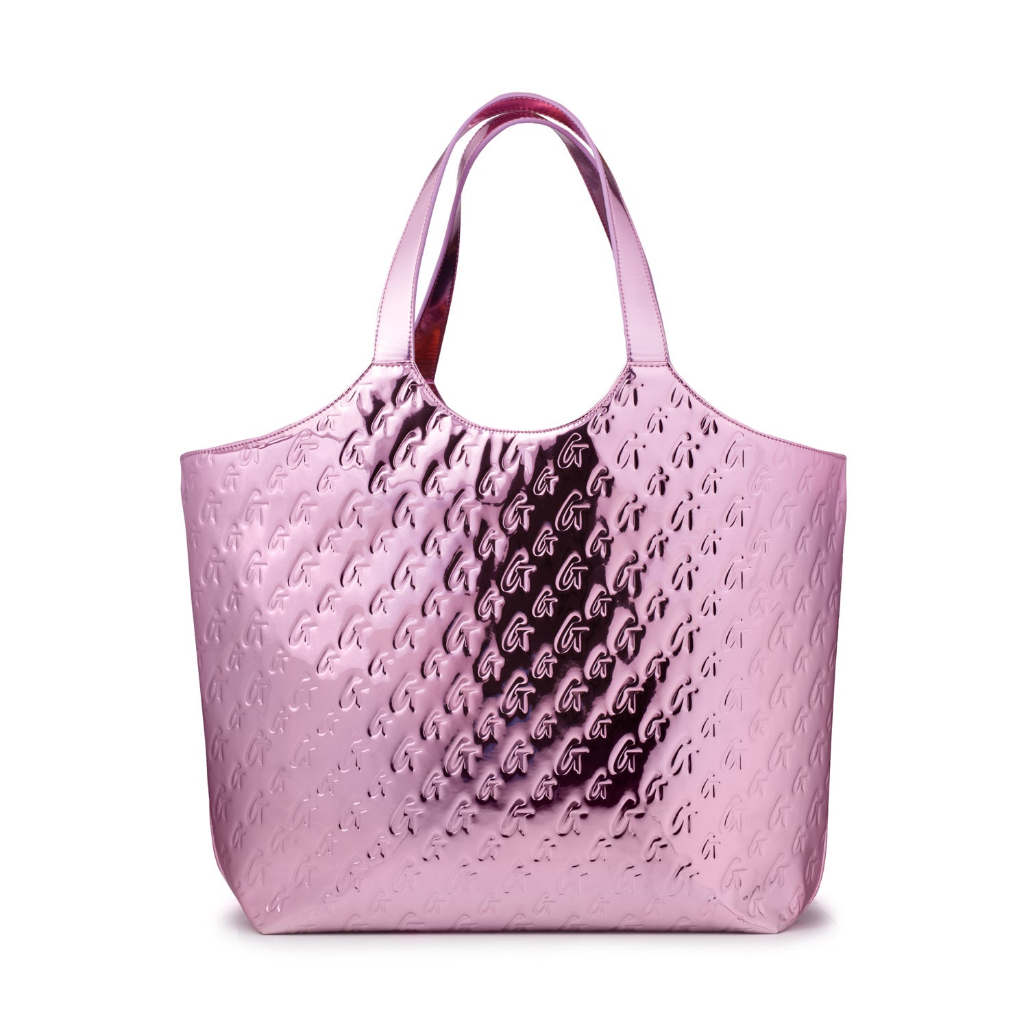 Metallic pink tote bag with embossed monogram pattern, shiny finish, and large size for carrying essentials.