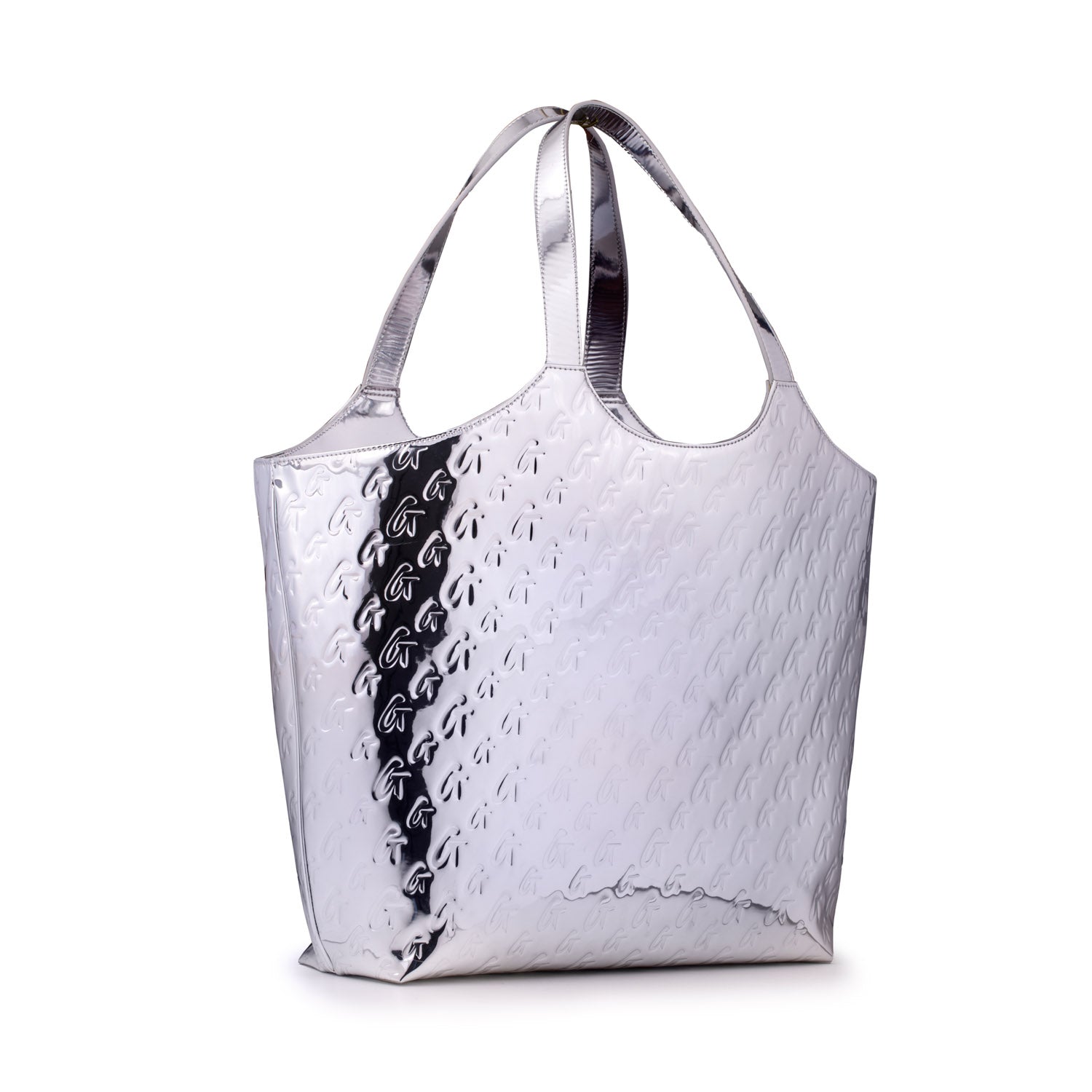 Metallic silver maxi tote bag with embossed logo pattern and black stripe detail, featuring shiny, reflective surface and sturdy handles.
