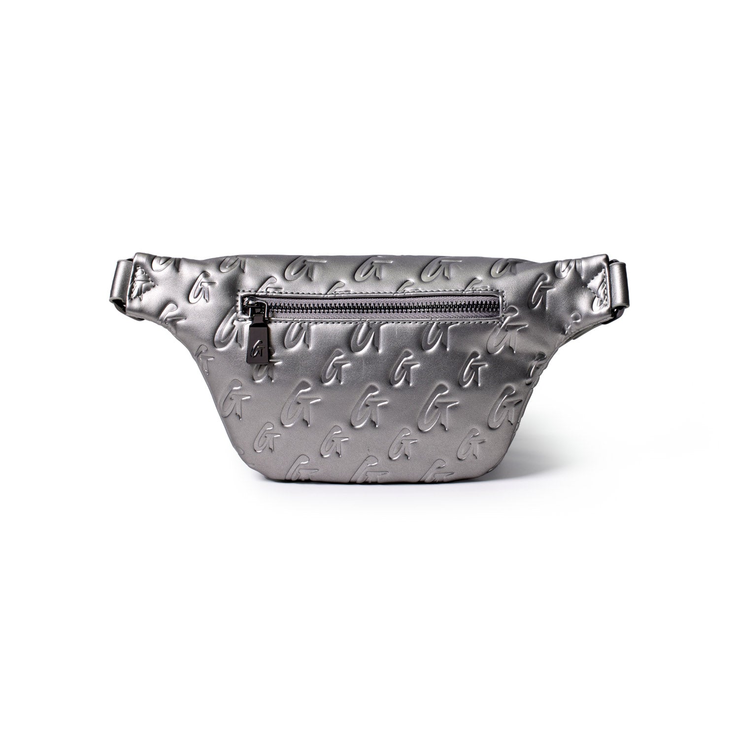 Mini Monogram Fanny Pack in platinum with embossed G logo pattern and front zipper pocket.