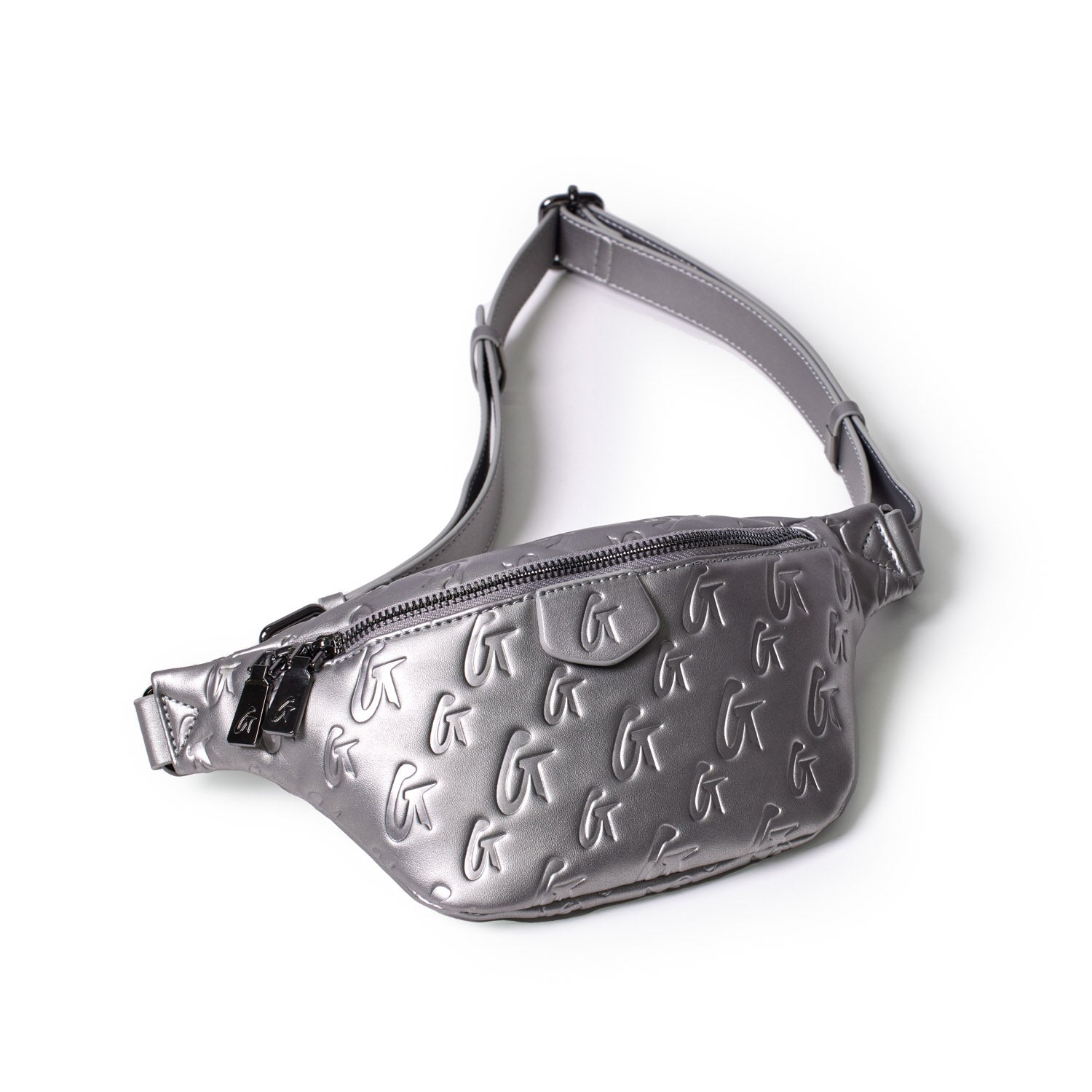 Silver mini monogram fanny pack with embossed G logo pattern, adjustable strap, and front zipper pocket.