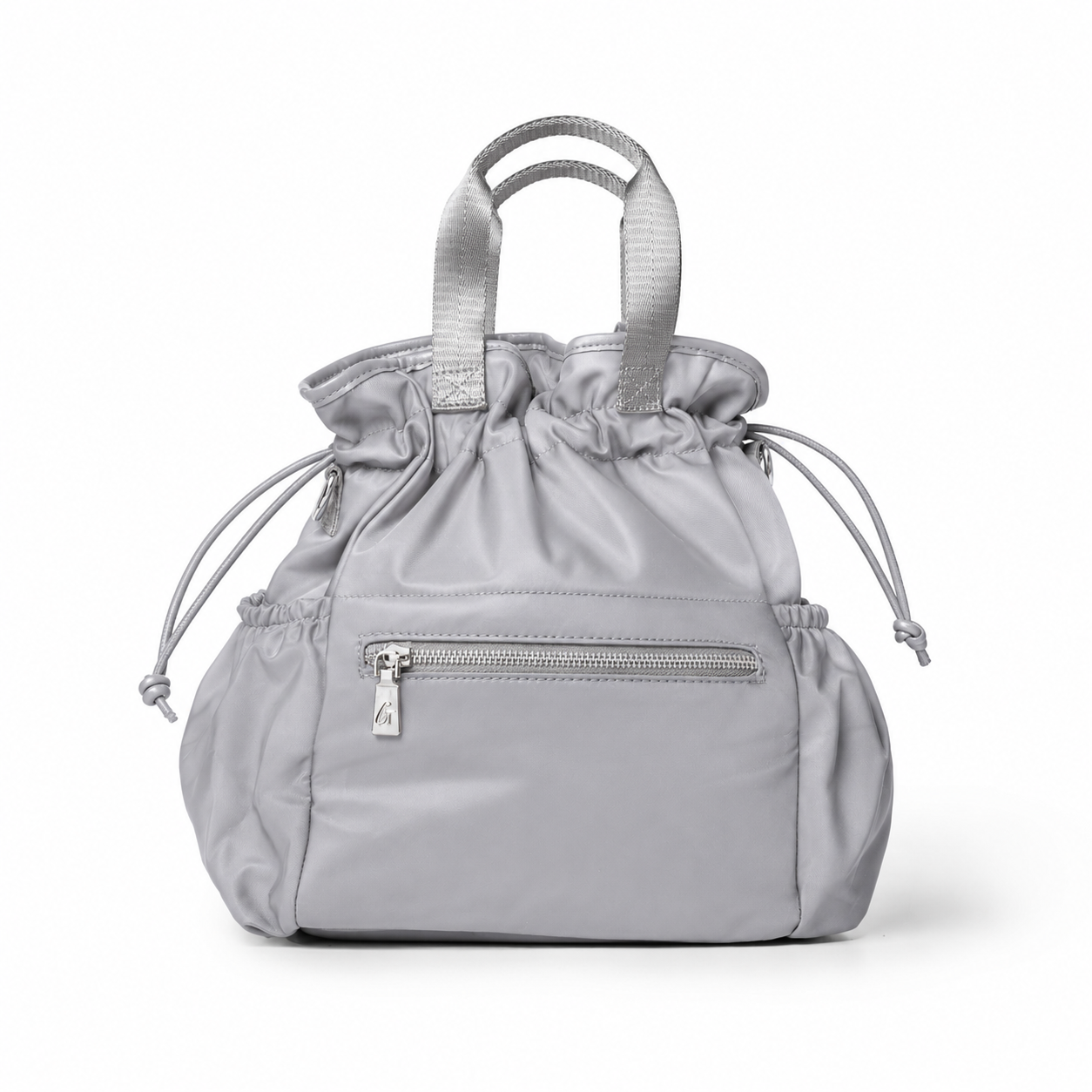 Gray nylon lunch bag with drawstring closure and front zip pocket, perfect for stylish and practical meal storage.