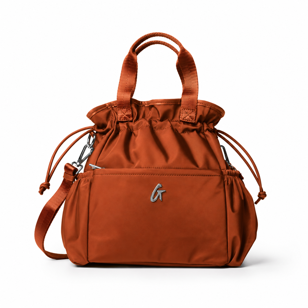 Brown nylon lunch bag with adjustable drawstring closure and dual handles, perfect for stylish on-the-go meals.