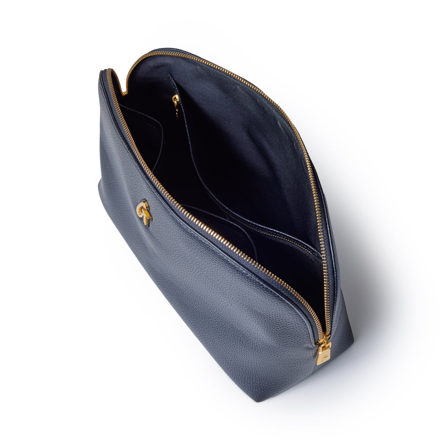 Black jumbo pebble cosmetic pouch with gold zipper and interior compartments for organization.