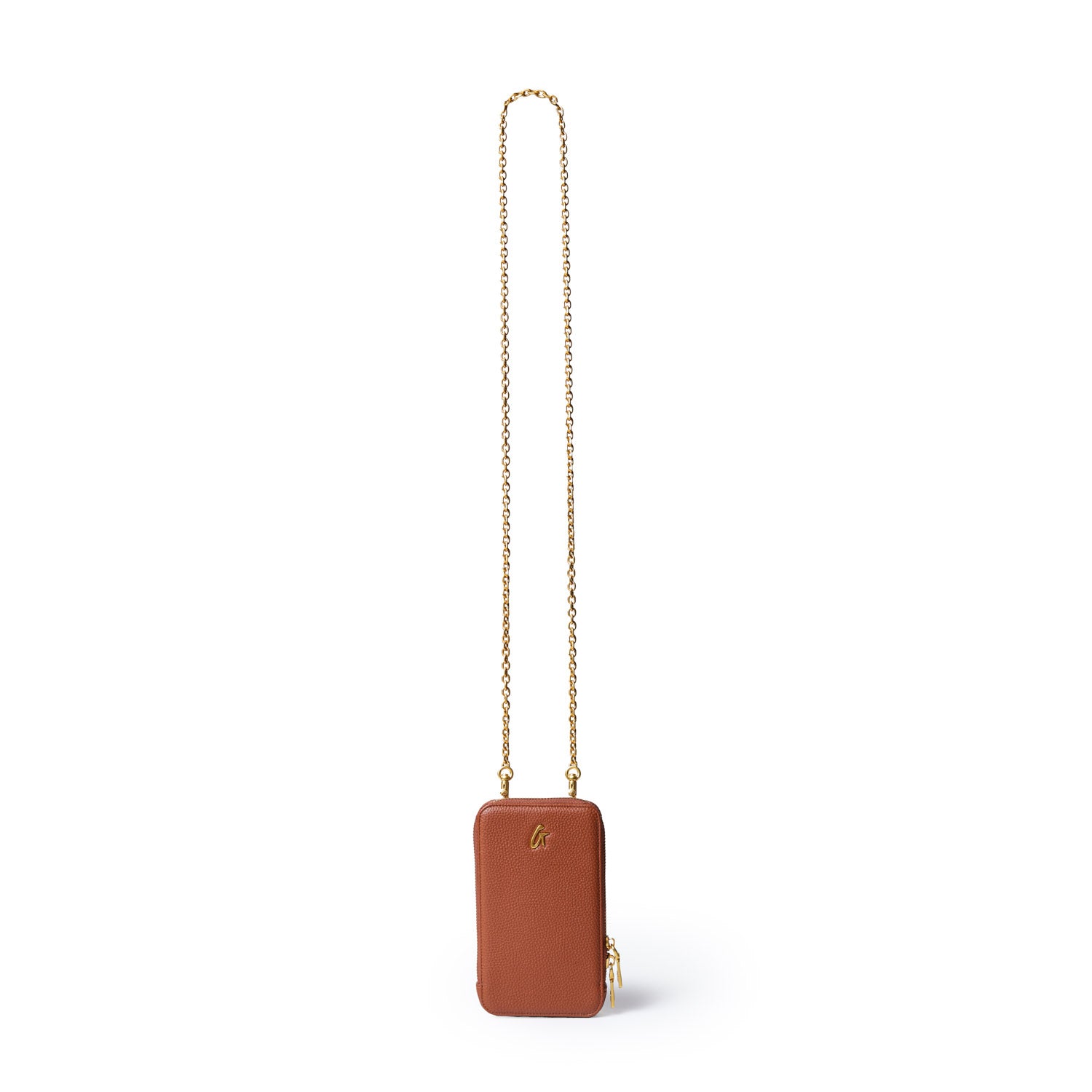 Brown pebble phone crossbody bag with a gold chain strap and zipper closure, featuring a small gold logo on the front.