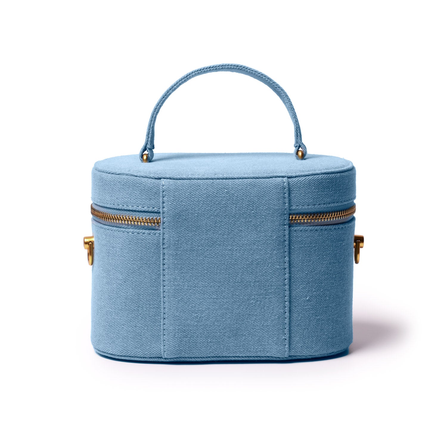 Blue denim jumbo vanity bag with gold accents, zip closure, and top handle for stylish organization.