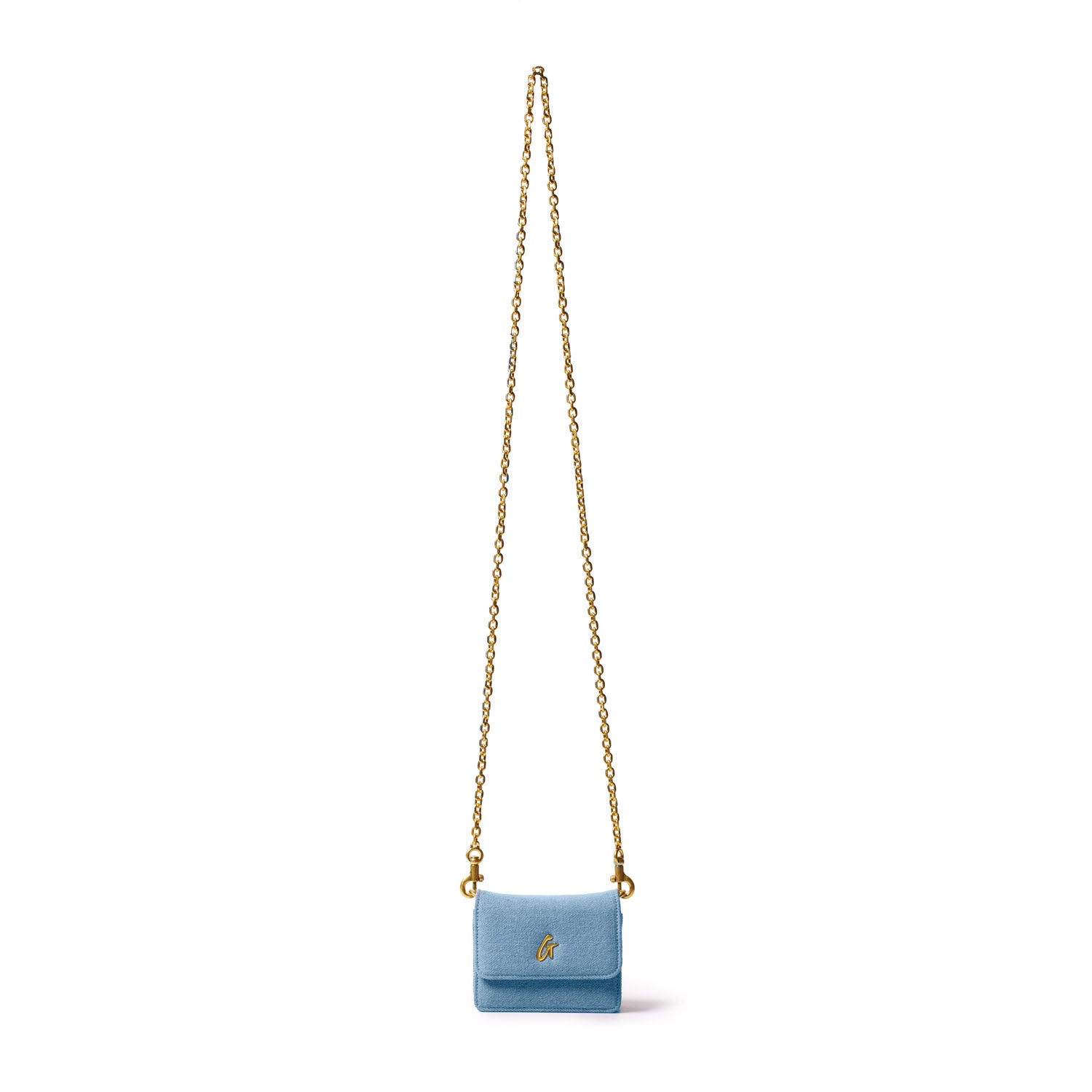 Mini denim blue WOC handbag with a gold chain strap and gold logo, perfect for stylish, compact accessorizing.