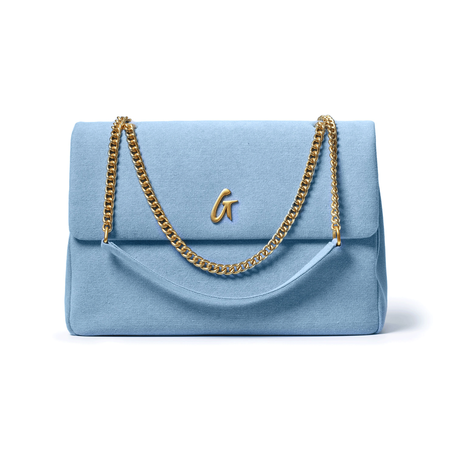 Light blue denim XL flap bag with gold chain strap and a gold "G" logo on the front.