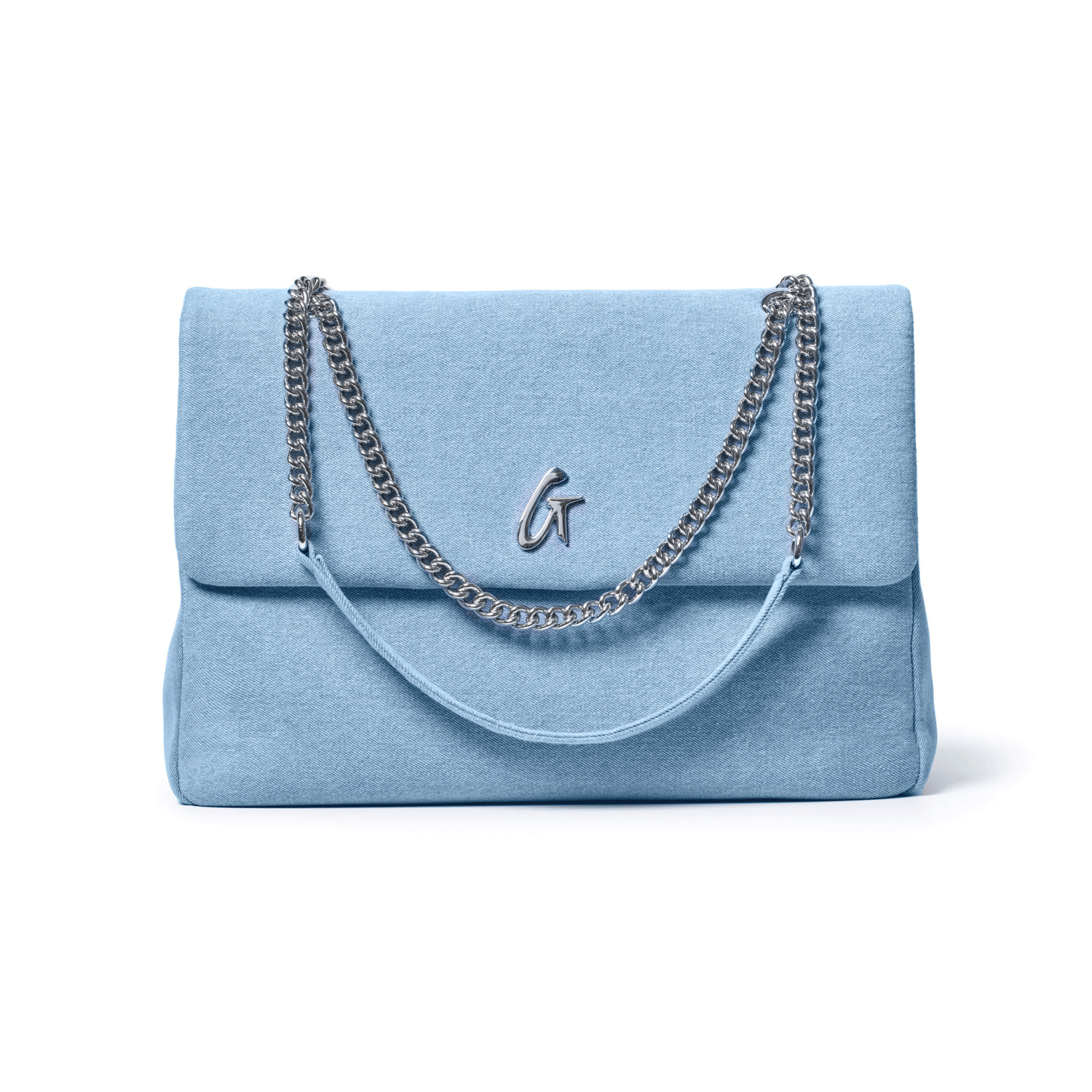 Light blue denim XL silver flap bag with chain straps and a silver "G" logo charm on the front.